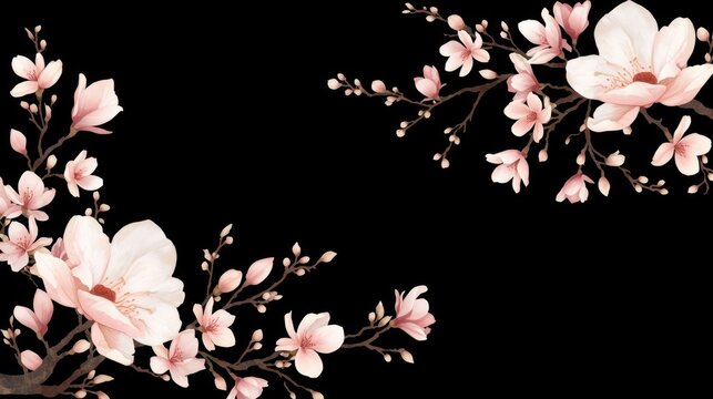 Delicate hand painted watercolor cherry blossom and magnolia border on black background with elegant watercolor blossom branches illustration