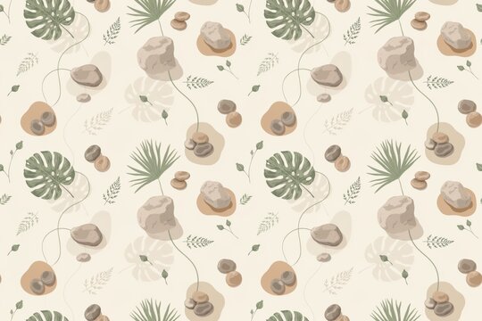 Minimalist seamless pattern with tropical palm leaves, monstera foliage, smooth river stones, and delicate twigs on a light beige background