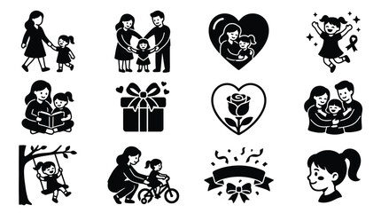 Naklejka premium Set of black and white icons representing family love, parenting, and childhood joy.