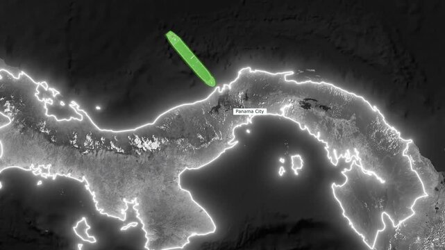 Animated Grayscale 3D Satellite Map of Panama Canal Shipping Route with Glowing Red Path and Green Cargo Ships