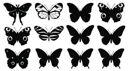 Black butterfly silhouettes set, 12 decorative insect vector icons, minimalist butterfly wing shapes for logo design and nature branding © Saad