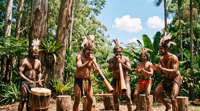 Indigenous Australian men performing traditional music and dance in lush forest