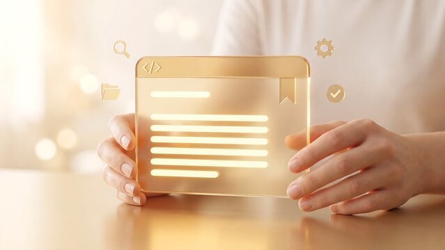 Web development and coding documentation on browser window in hands, website content management with bookmark and search, programming interface, software configuration and online page creation