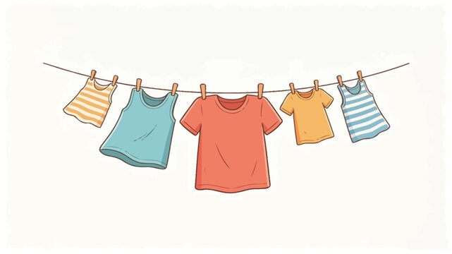Colorful Cartoon Clothes Hanging on a Laundry Line with Wooden Pegs in a Minimalist Composition