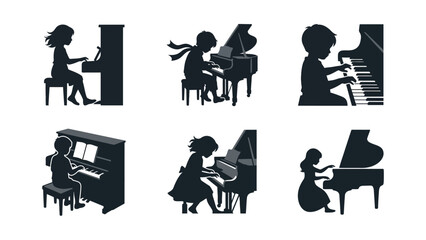 Children playing piano silhouettes, musical education, classical music concert performance © Bunga