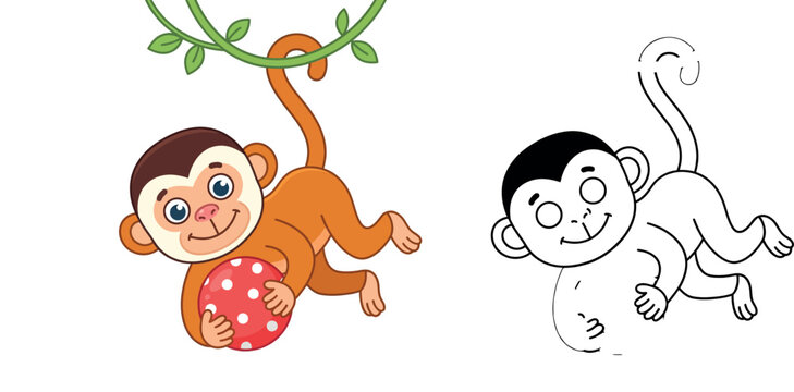 Cute Monkey Hanging with Ball coloring page