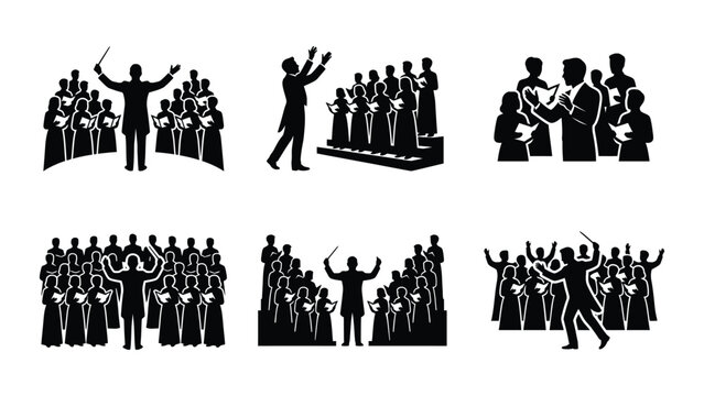 Choir Performance Silhouettes: Conductor Leading Singers in Concert