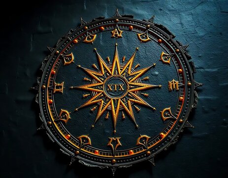 Ornate celestial compass rose with zodiac symbols.