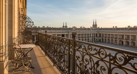 Naklejka premium Ornate Wrought Iron Balcony Overlooking Historic European Architecture