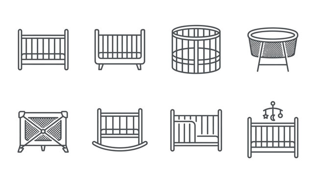 Collection of baby crib and bassinet icons in outline style