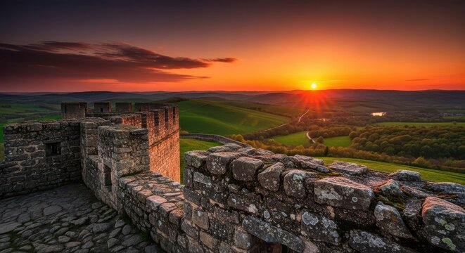 Ancient Stone Castle Battlements Overlooking Verdant Landscape at Sunset