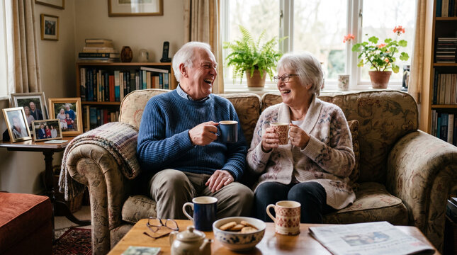 Happy elderly couple enjoying coffee and conversation on a comfortable sofa at home