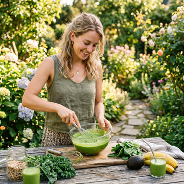 Woman making healthy green smoothie in a lush garden, surrounded by fresh ingredients