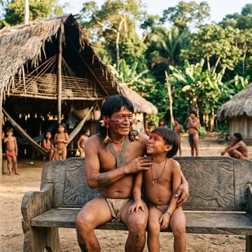 Indigenous Father and Son in Amazon Village, Traditional Face Paint, Cultural Heritage