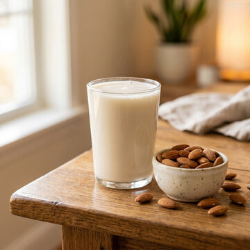 Glass of Almond Milk with Bowl of Almonds on Wooden Table