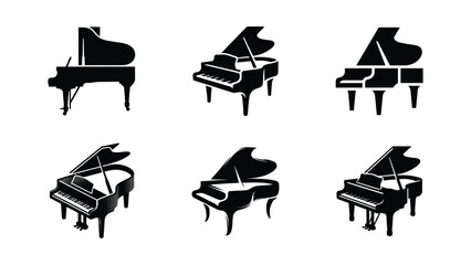 Grand Piano Icons Set, Black Silhouette Music Instrument Collection © Bunga