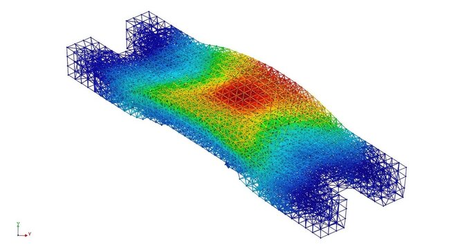 Complex three dimensional finite element analysis simulation showing structural stress with a vibrant mesh grid isolated on white background, precision, engineering, mathematical