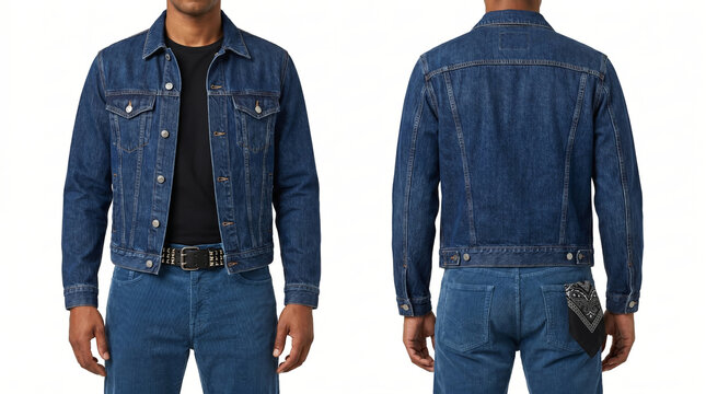 Front and back view of a tan athletic male model in black t-shirt, blue denim jacket, black studded leather belt, blue denim jeans, and black bandana. Mockup for fashion e-commerce.