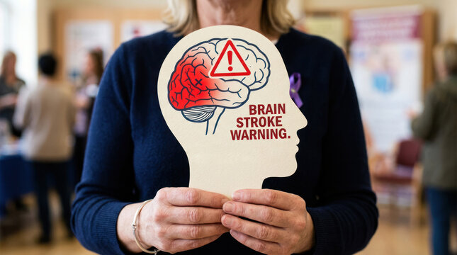 A woman holds a cardboard cutout of a human brain with a large red warning symbol. The cutout reads "BRAIN STROKE WARNING".