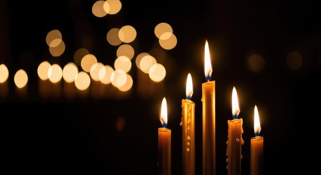 Eleganti candele festive dorate accese creano un'atmosfera incantata e magica su uno sfondo notturno con calde luci sfocate e bokeh, caldi, scintille, accogliente