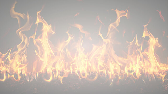 Flames of fire dancing against a soft gray background, showcasing vibrant orange and yellow hues with subtle smoke elements rising from the base of the fire