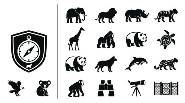 Set of Black and White Wild Animal and Exploration Icons