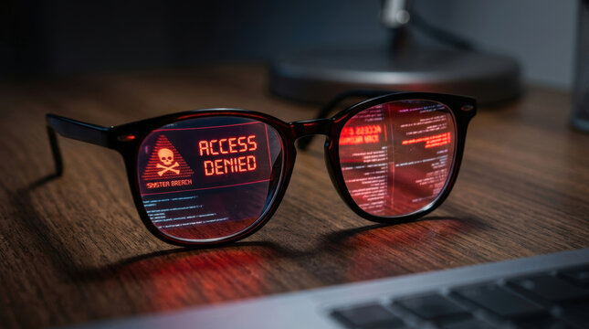 Access denied message reflected on eyeglasses with data privacy concerns highlighting system breach warning on wooden desk surface