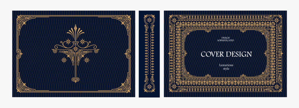 Elegant horizontal vintage book cover design with ornate Art Deco frame, geometric decorative ornaments, and luxurious retro style for publications, albums, posters, and premium layouts