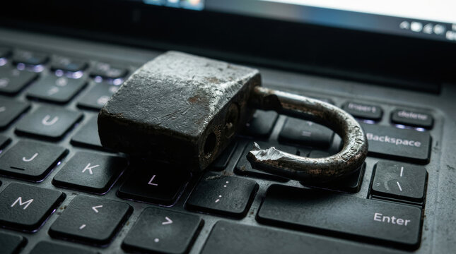 Old rusty padlock on black computer keyboard symbolizing data privacy concerns and security breach risk in digital world