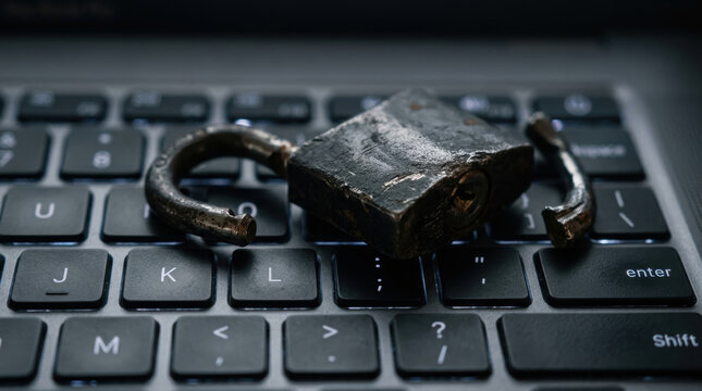 Broken lock on keyboard symbolizes data privacy concerns and security breach risks in digital communication and online protection