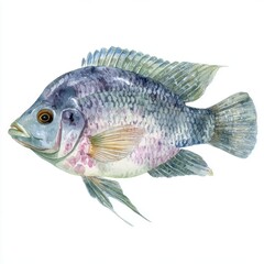 Fototapeta premium Detailed Watercolor Painting Of A Blue And Silver Tilapia Fish On A Plain White Background