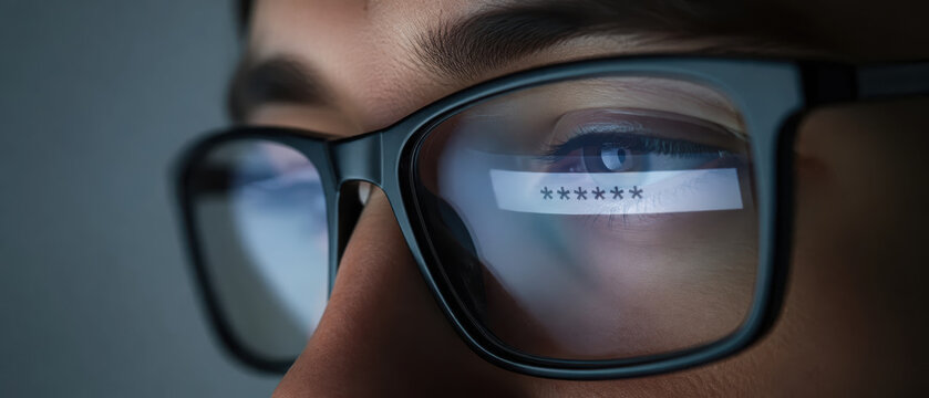Password Security Data Privacy Concerns Glasses Reflection Technology Protection Cybersecurity Person Eyewear Close up Screen Digital User