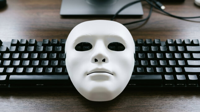 White mask on black keyboard placed on wooden desk with computer monitor and cables in background, creating mysterious and eerie atmosphere