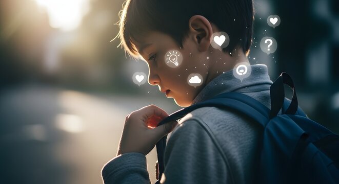 Thoughtful Schoolboy With Floating Conceptual Icons Representing Creative Imagination And Learning Dreams At Sunset