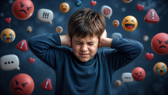 Little boy with stressed expression, eyes closed, eyebrows furrowed, hands covering ears, surrounded by emoji faces with different emotions. Concept of emotional overload, bullying and stress in child