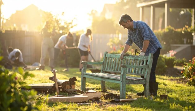 Man restoring an old wooden garden bench in a sunny backyard while others work in the background
