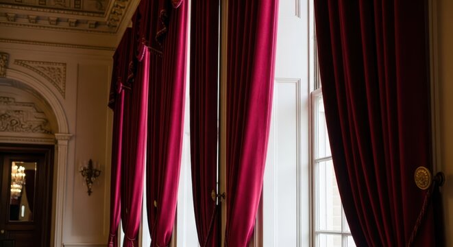 Rich Red Velvet Drapes Covering Tall Window Panes