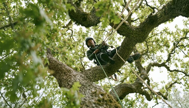 Man climbing a tree on a rope during outdoor maintenance