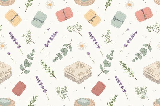 Seamless pattern featuring colorful soap bars, lavender sprigs, eucalyptus leaves, and folded towels on a light cream colored background