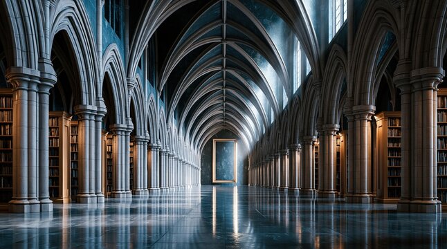 Gothic cathedral interior with arches and reflective floor