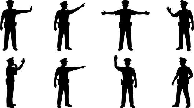 Set of police officer silhouettes directing traffic vector illustration