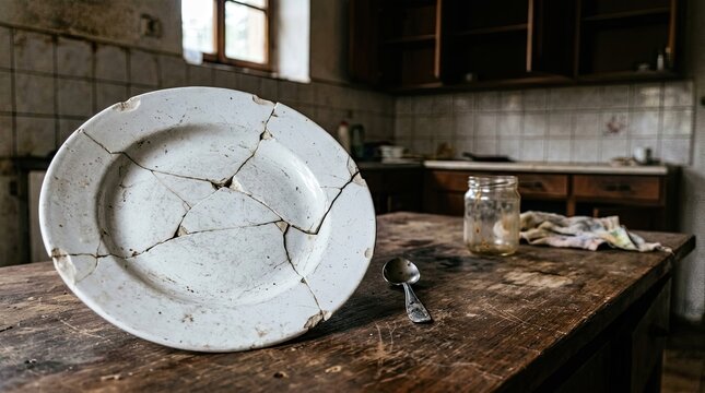 A broken ceramic plate rests on a weathered wooden table in a dilapidated kitchen. A spoon and a partially filled glass jar are placed nearby.