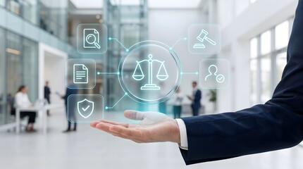 Fototapeta premium Legal tech solution concept with scales of justice icon and business icons held over hand