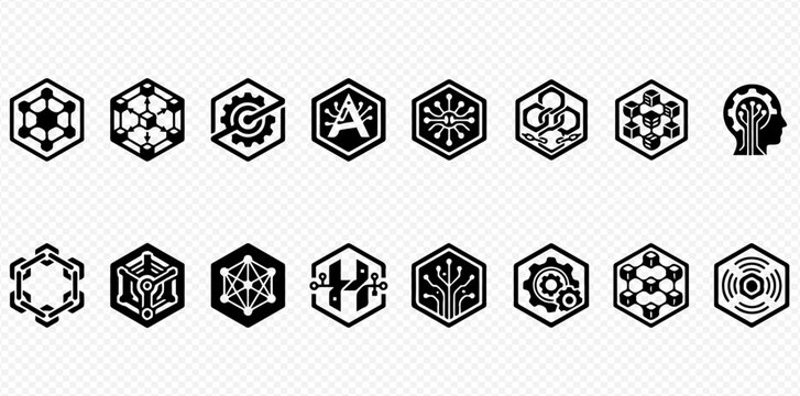 Set of AI, machine learning, and technology icons in hexagonal shapes, representing innovation and digital concepts.