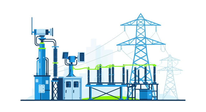 Flat Vector Illustration of a High Voltage Electrical Substation and Power Distribution Infrastructure with Transmission Towers