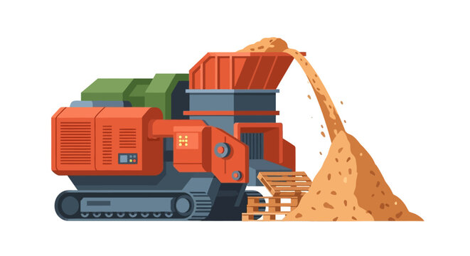 Industrial Mobile Wood Crusher and Shredder Machine Processing Pallets into Woodchips for Biomass Energy, Flat Vector Illustration Isolated on White Background