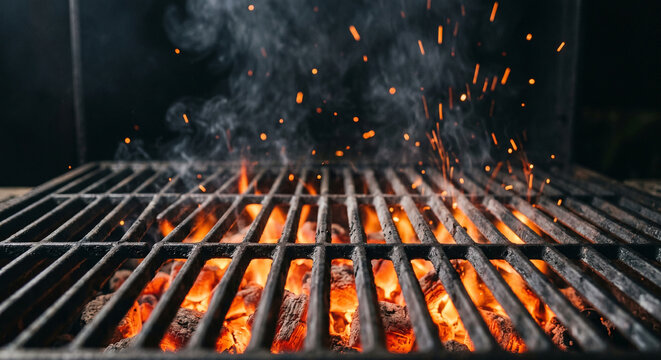 Hot grill with glowing coals and sparks. Summer grilling concept. BBQ preparation.