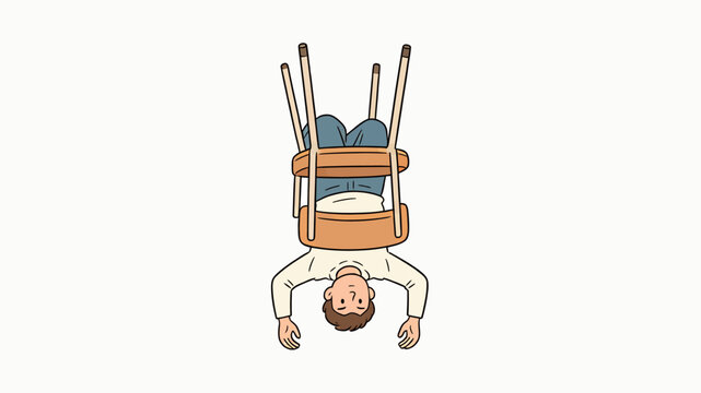 Man Upside Down in Reversed Wooden Chair: Quirky Digital Art with Soft Tones