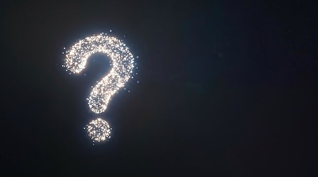 A glowing question mark is formed from countless tiny, sparkling lights against a dark, starry background.