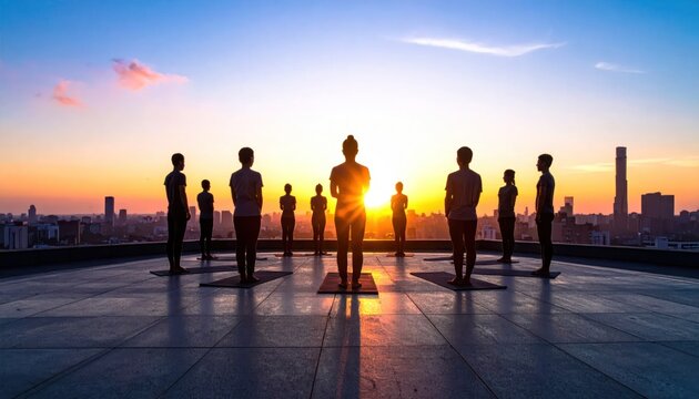 Silhouettes of diverse people practicing yoga on a rooftop at sunrise, overlooking a cityscape, promoting wellness and urban lifestyle
